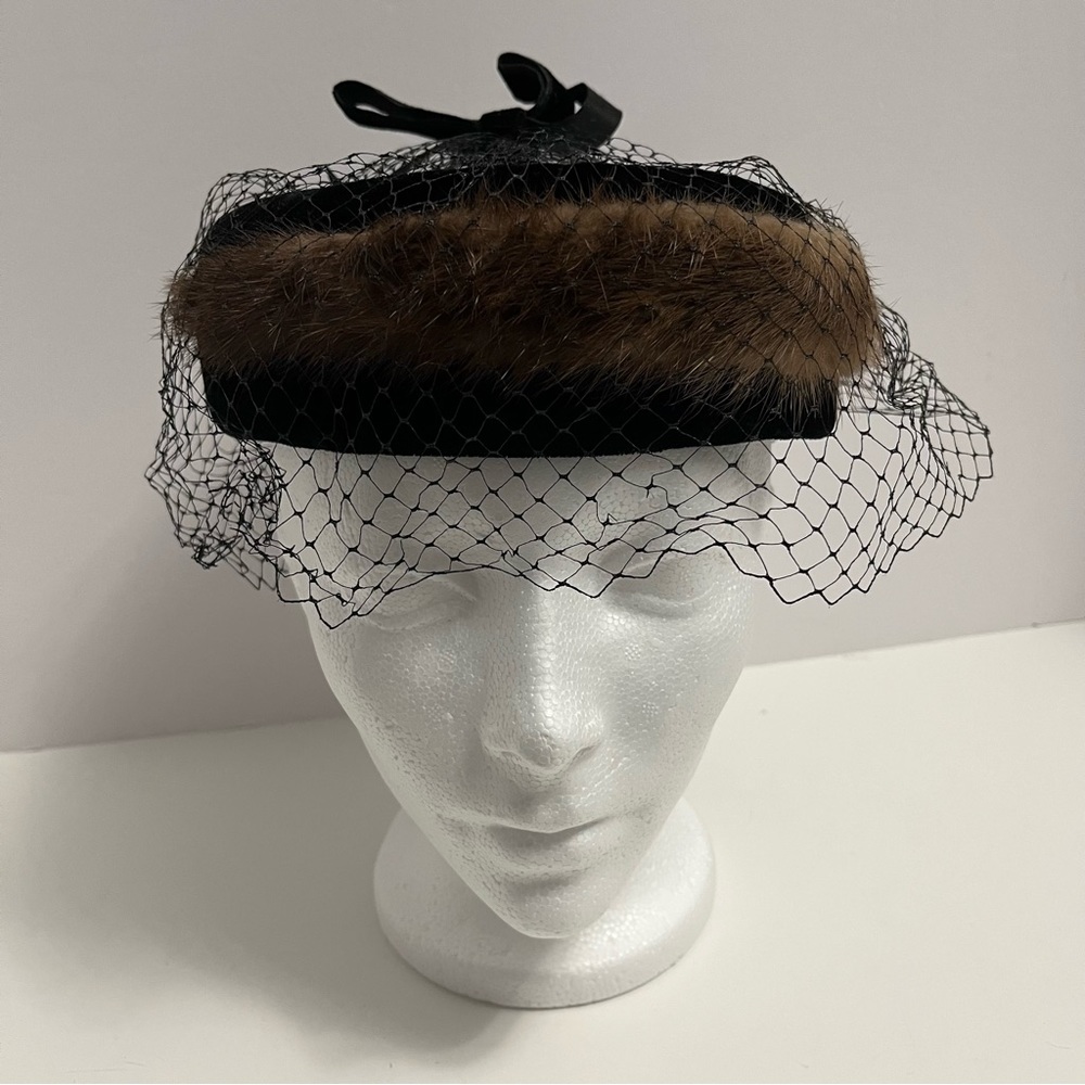 VINTAGE Velour black hat with bow netting and fur high tea weddings church
